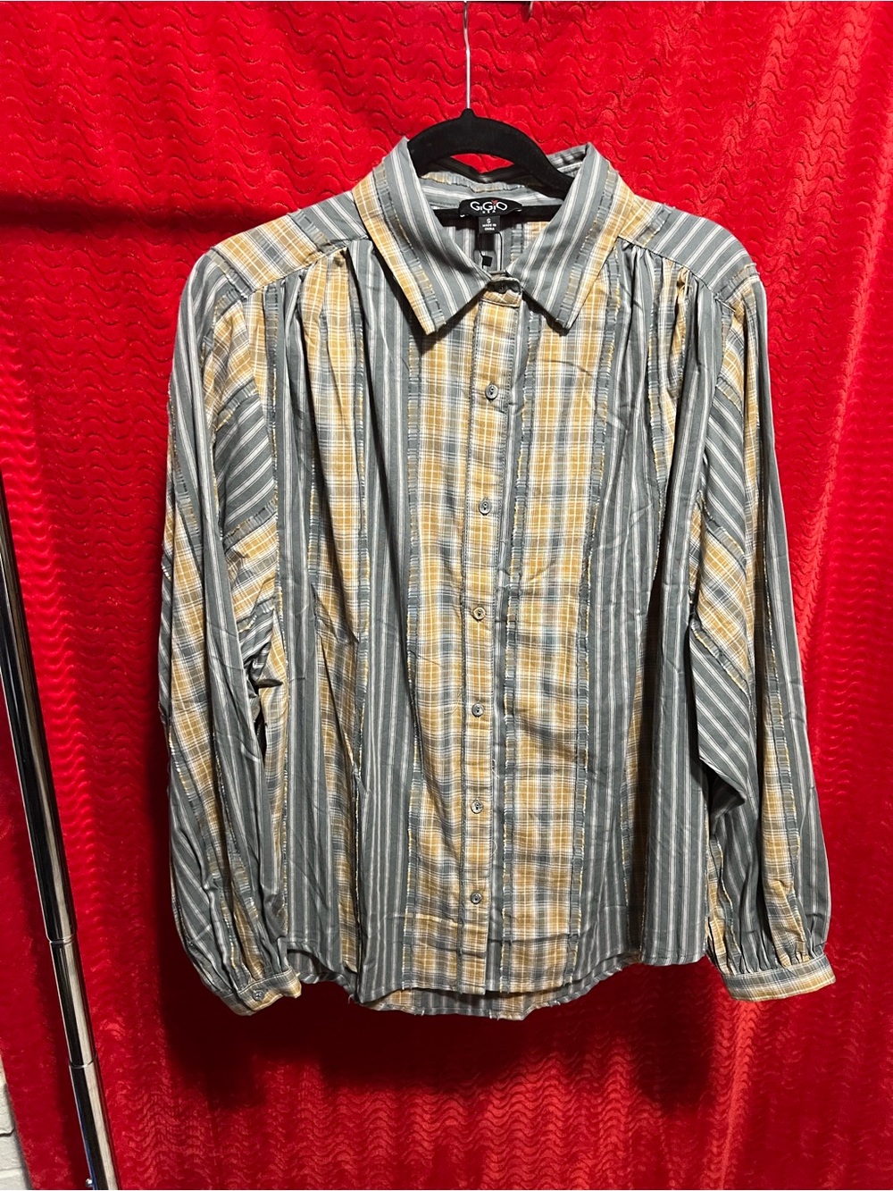 Gigio Multistripe Plaid Button-Down Shirt - Gray & Yellow NWT Size Small